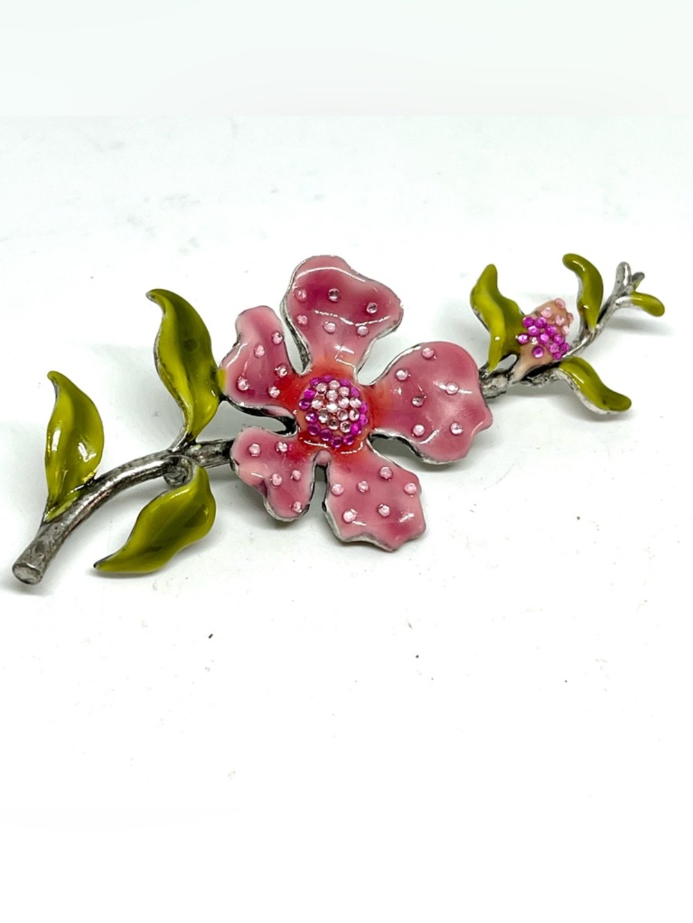 Pink Enamel Floral Brooch with Green Leaves